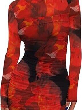 WIHOLL Women's Mesh Sheer Long Sleeve Ruched Mini Dress bodycon